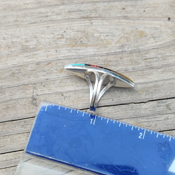 Antique Sterling Zuni signed turquoise coral onyx and mother of pearl ri… - Picture 5 of 10